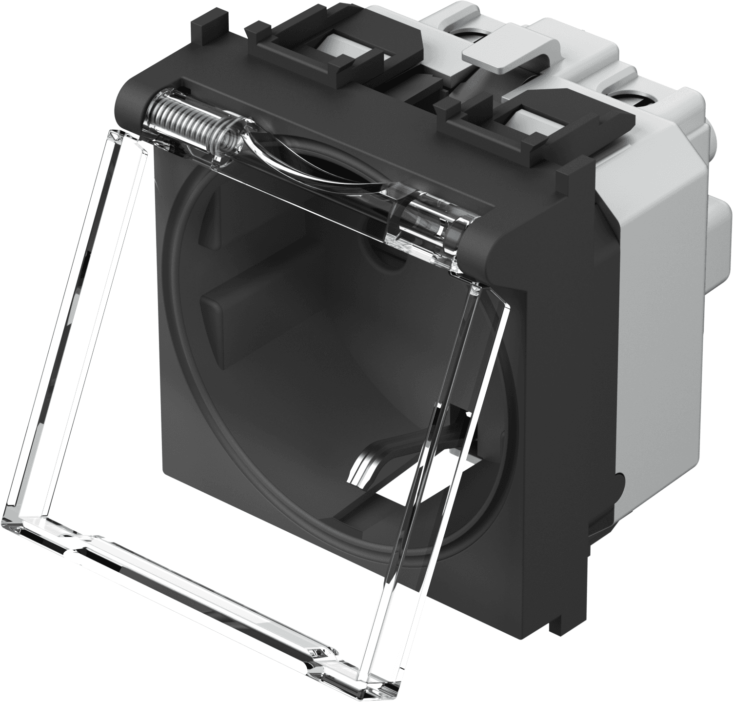 Vtičnica schuko 2P+E z otroško zaščito in s prozornim pokrovom TEM MODUL Blister VM11 BT -B, 16 A, 250 V, 2M, mat črna