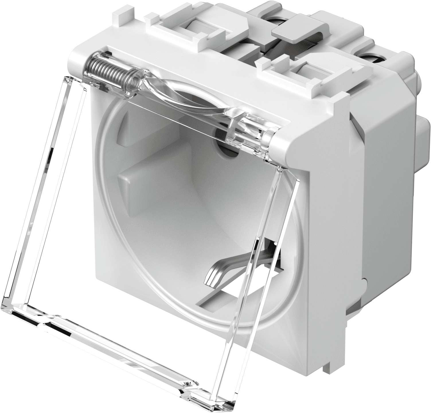 Vtičnica schuko 2P+E z otroško zaščito in s prozornim pokrovom TEM MODUL Blister VM11 PT -B, 16 A, 250 V, 2M, sijaj bela